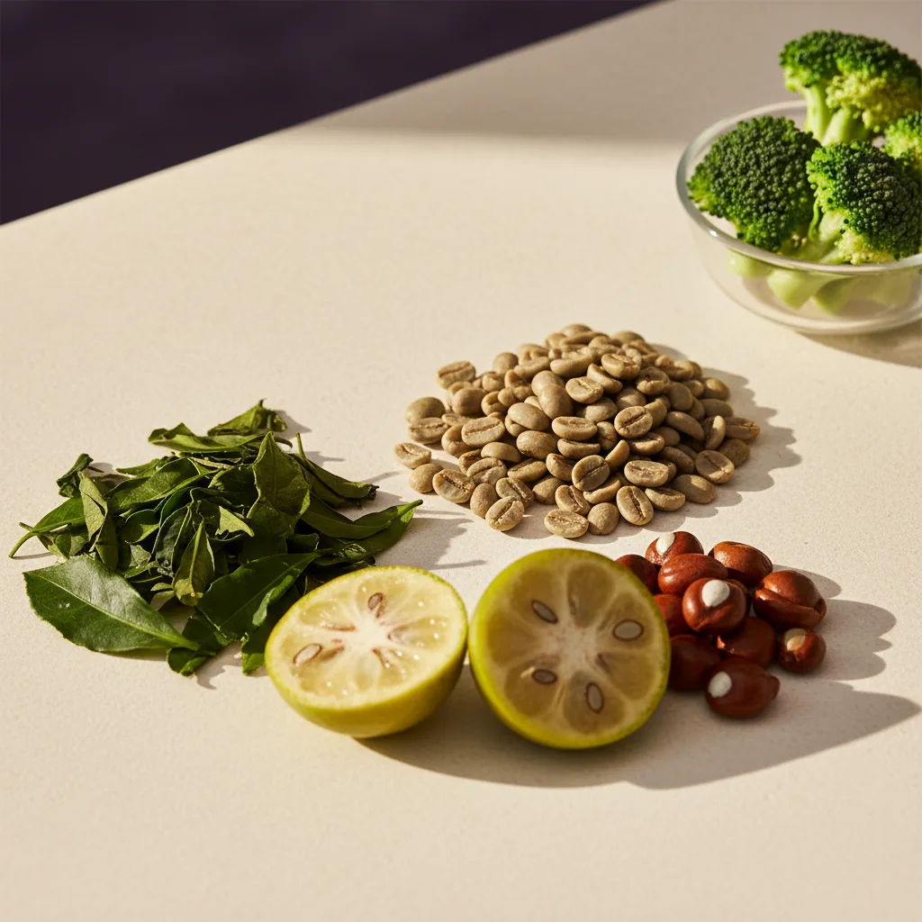 Flat lay of botanical ingredients: green coffee beans, green tea leaves, garcinia cambogia fruit, guarana seeds